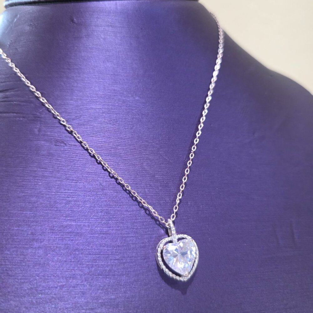 Silver Crystal Heart Pendant Bright Love Gift 17" Necklace
